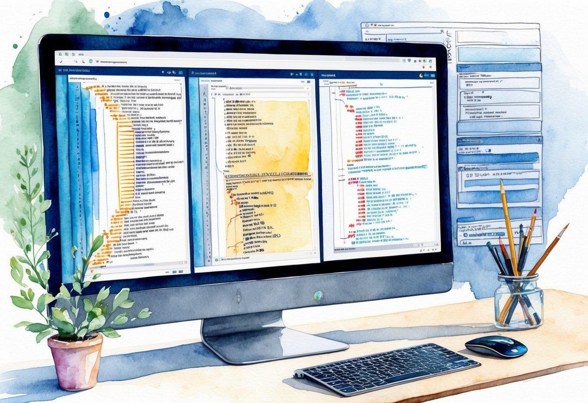 A computer screen displaying lines of code transforming into a detailed storyboard with AI algorithms in the background