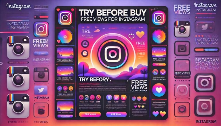 A horizontal image design promoting Instagram growth strategies with the text 'Try Before Buy; Free Views for Instagram' prominently displayed at the top. The background should feature Instagram's signature gradient colors (purple, pink, orange) in a sleek, modern style. Incorporate visual elements like Instagram logo, view counters, hearts, comment icons, and visuals of Instagram Stories and Reels. The design should evoke a sense of engagement and visibility, with a focus on testing and trying strategies before committing to paid promotions. The overall style should be clean, modern, and appealing to Instagram users, with a professional and user-friendly tone.