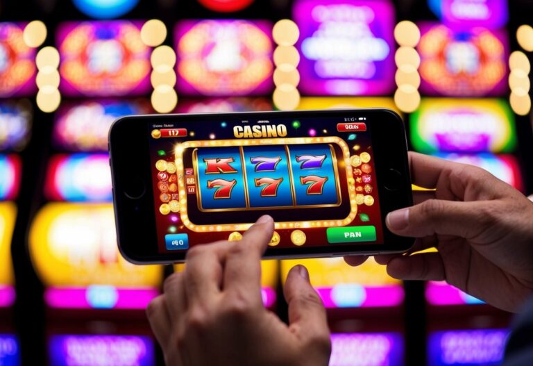 Brightly lit casino slot machine app on iPhone screen, surrounded by vibrant graphics and flashing lights. Excited user tapping and swiping with anticipation