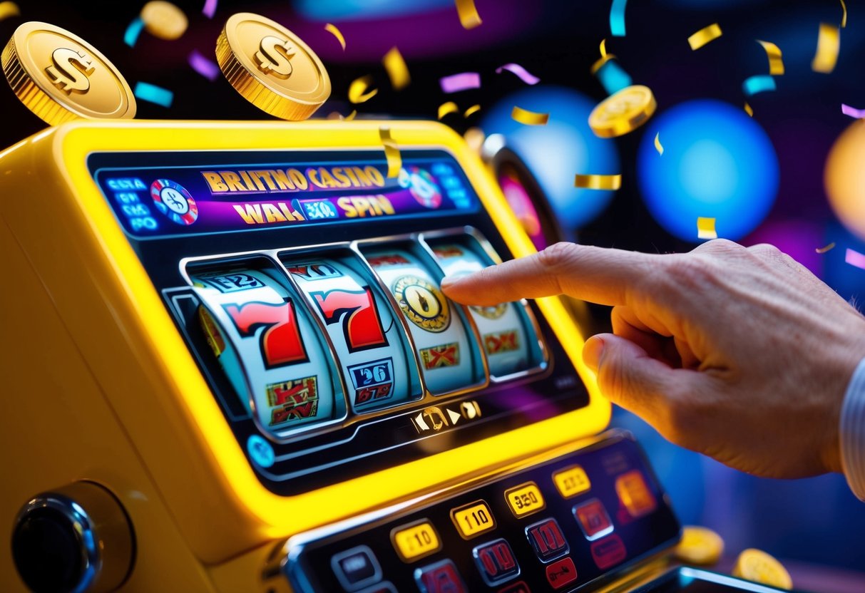 Brightly lit casino slot machine with vibrant graphics on iPhone screen, surrounded by animated coins and confetti. Excited user's hand tapping the spin button