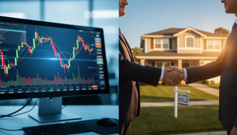 5 Reasons Real Estate Wholesaling Beats Stock Trading for Building Wealth with Small Money Real estate wholesaling vs stock trading comparison showing declining stock charts and successful property deal handshake