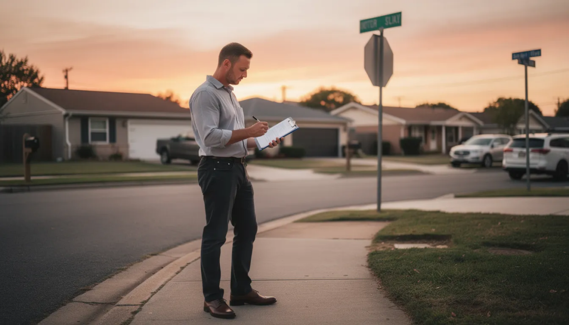 A modern real estate wholesaler stands in a quiet American neighborhood at sunset, reviewing property details on a clipboard amidst modest homes. The image reflects clarity and control in real estate investing, emphasizing the importance of building wealth and achieving financial goals today rather than waiting.