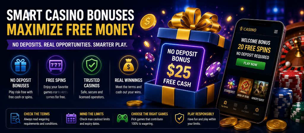 Smart casino bonus guide showing a no deposit bonus, free spins, wagering terms and responsible play tips.
