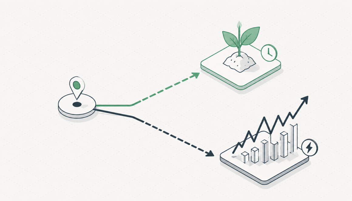 Diagram contrasting slow startup equity growth with fast MT5 broker trading