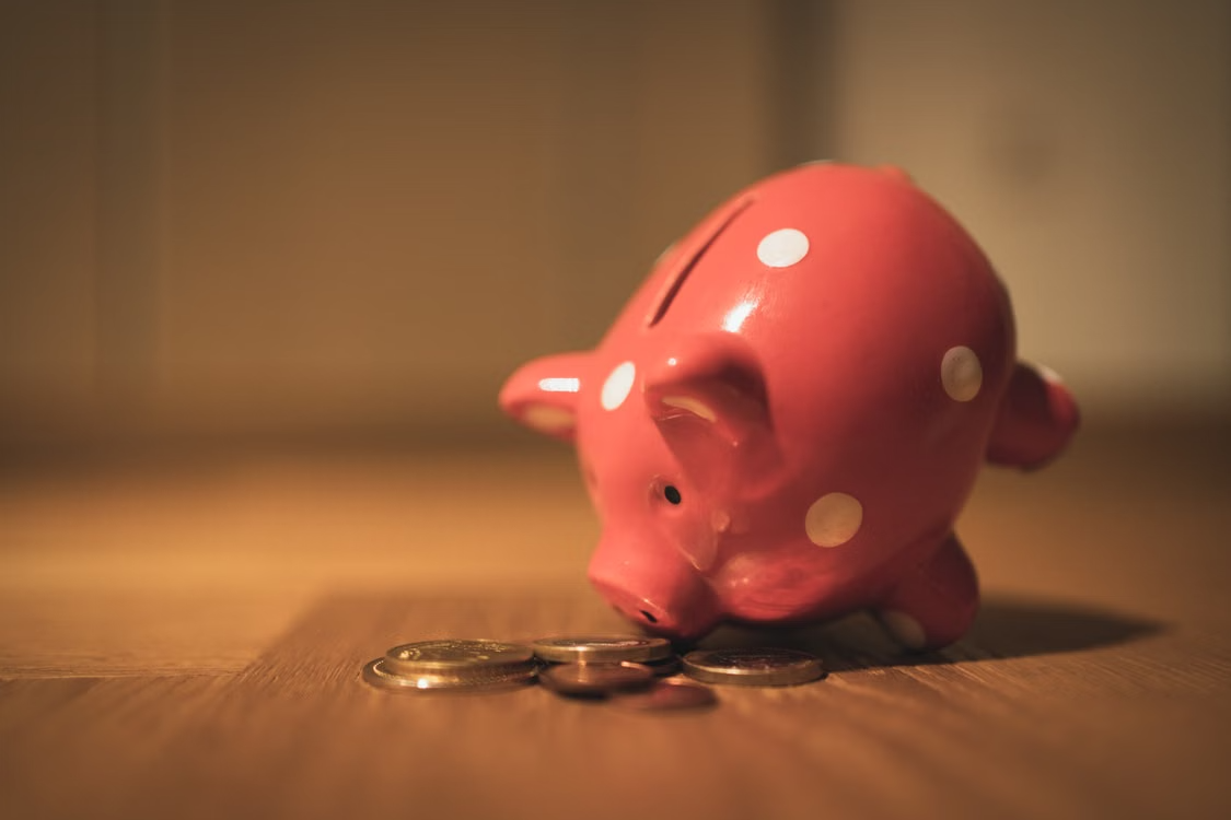 a ceramic piggy bank surrounded by coins